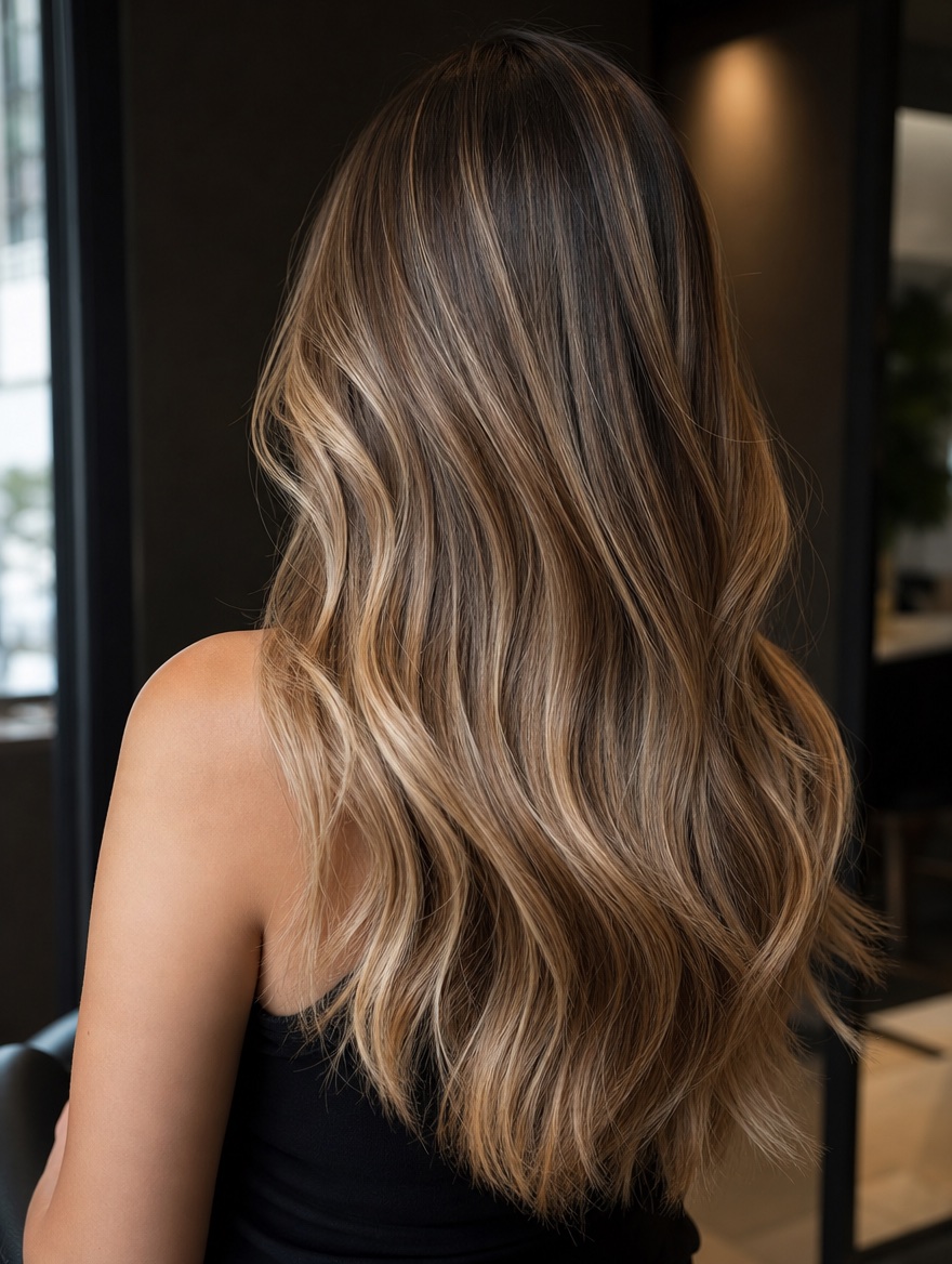 Resultado de balayage dimensional en tonos caramelo y champagne