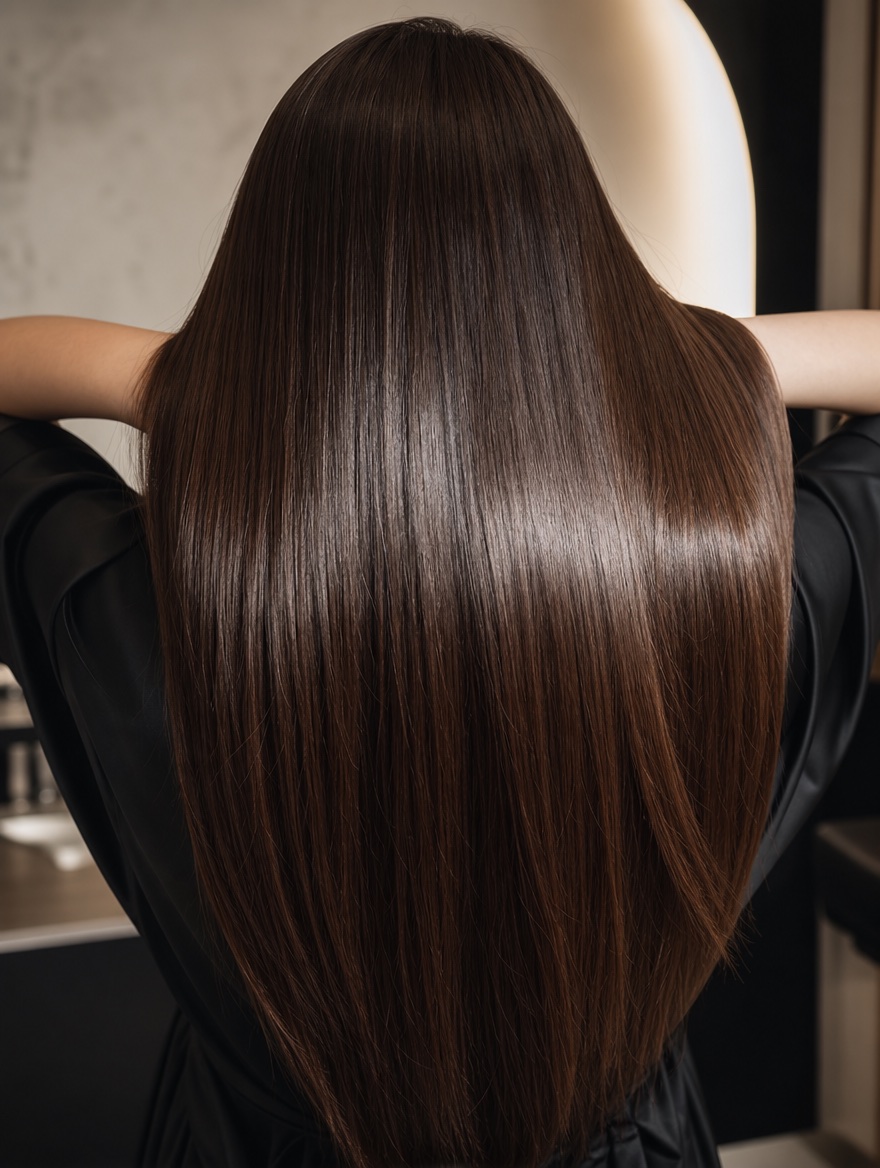 Cabello castano largo con resultado liso y brillo intenso
