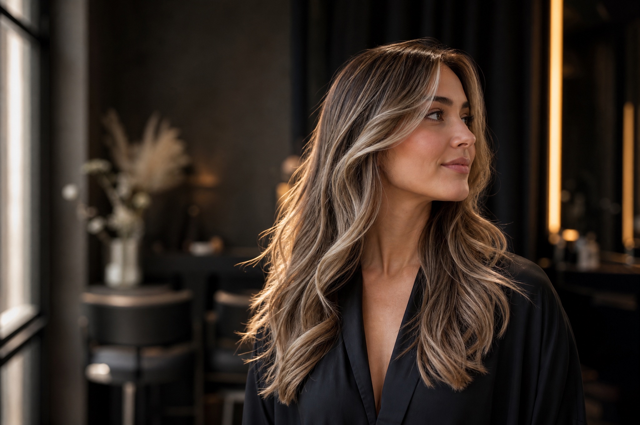 Clienta con balayage champagne y acabado de ondas suaves