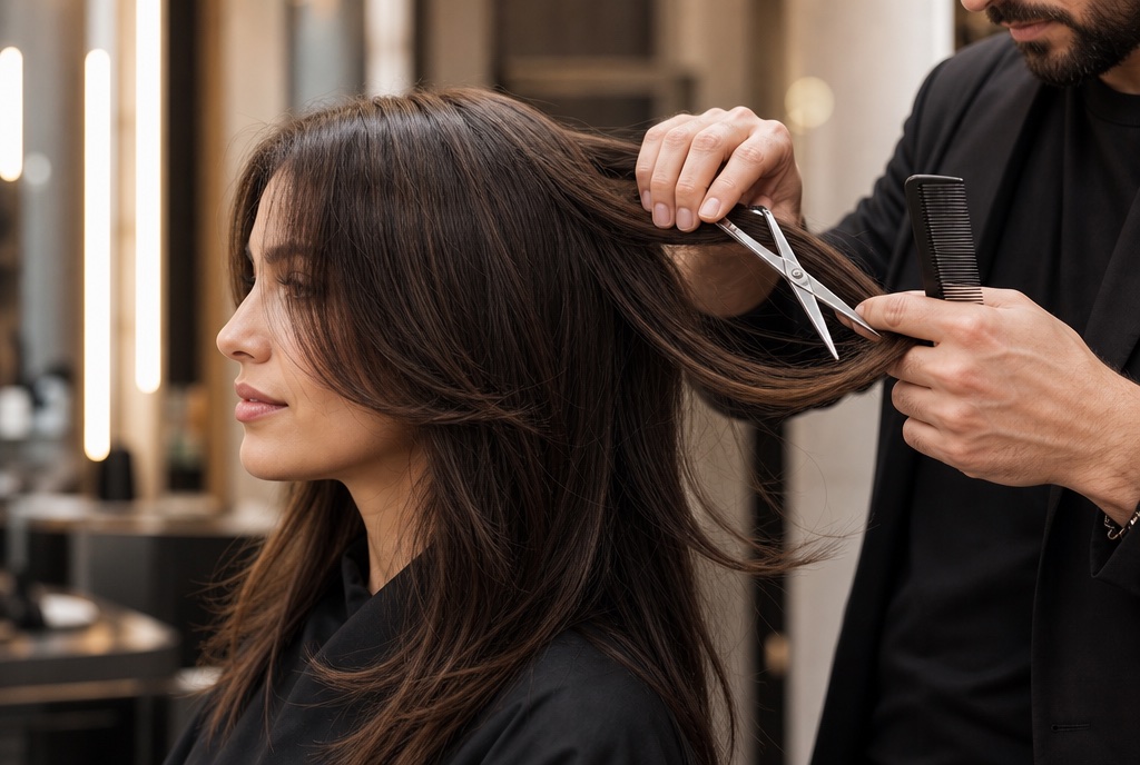 Estilista realizando un corte en capas con tecnica profesional